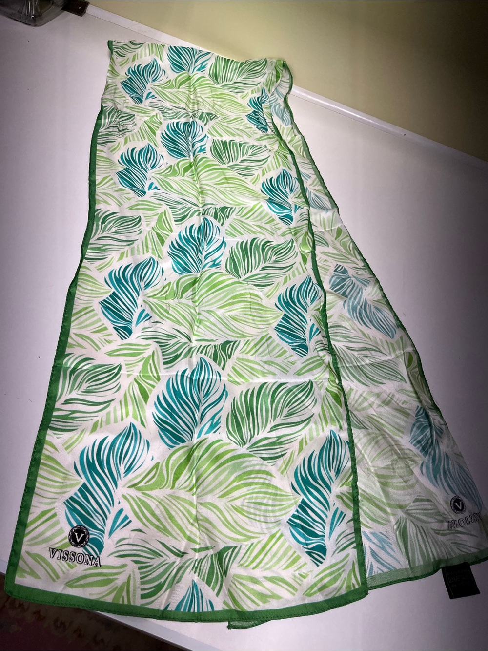 Visions Green, Blue Leaf Print Silk Lightweight Scarf Wrap